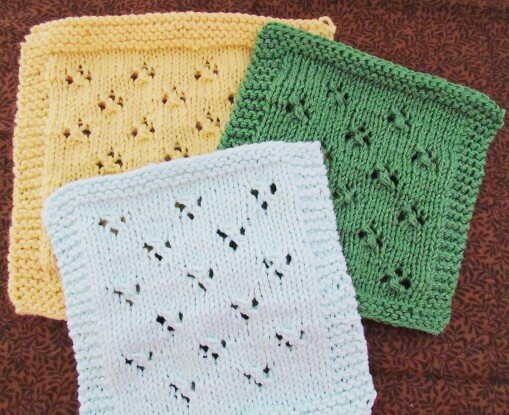 This dishcloth knitting pattern or even blanket square pattern is a lovely way to try out the cloverleaf eyelet stitch pattern. Cloverleaf Eyelet Stitch Pattern