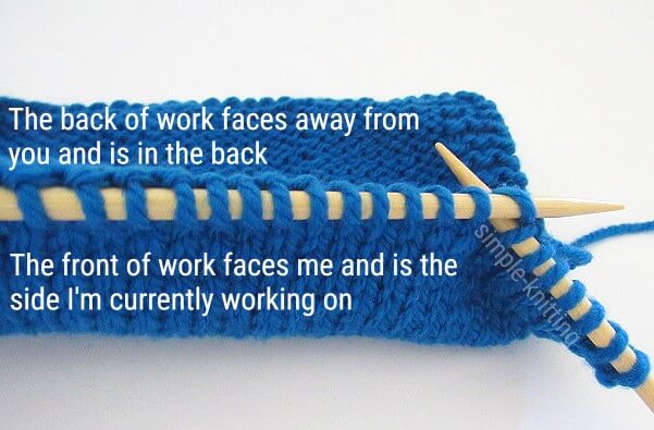 Knitting terms for both 'front of work' and 'back of work'