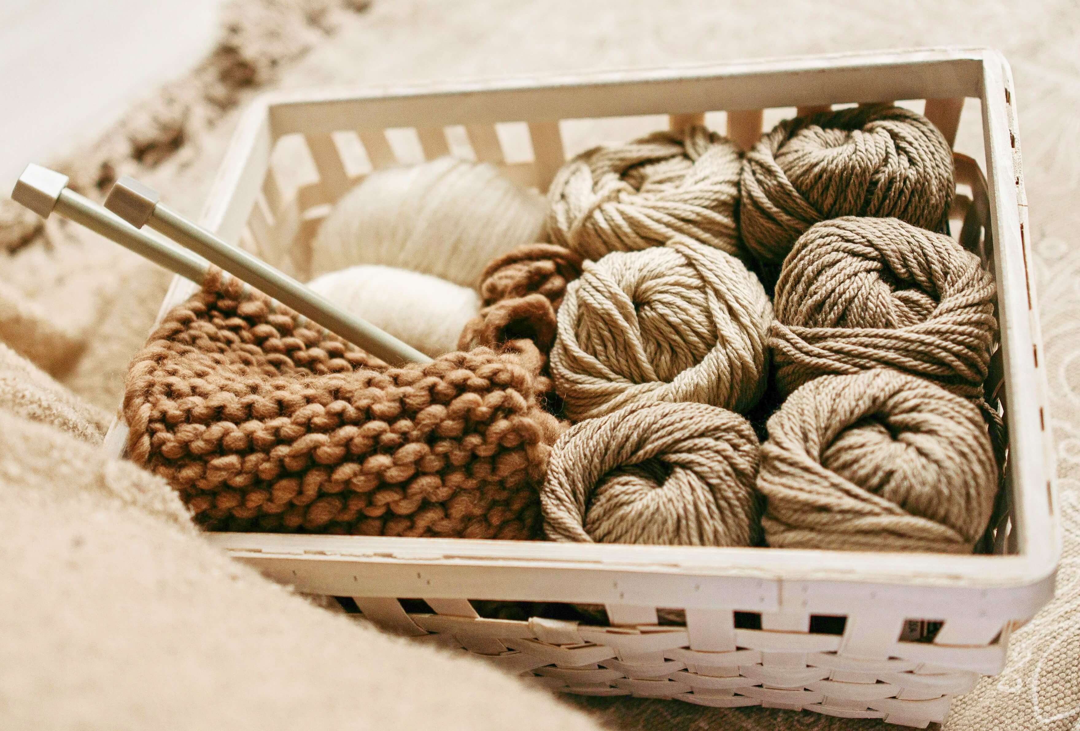 Knitting project with yarn in basket